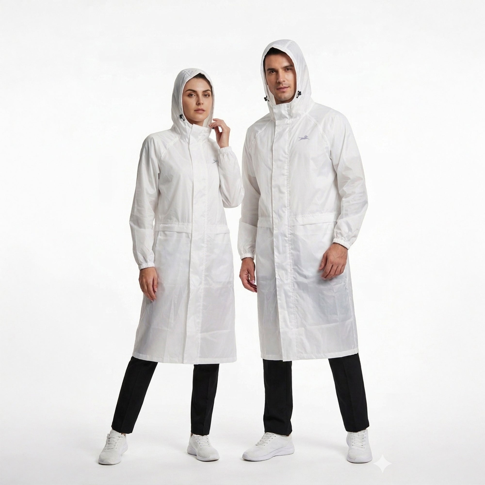 TVS Long Raincoat with Hood for Men & Women – PU Coated Waterproof Rain Wear with Reflective Back & Elasticated Sleeves | Color: White